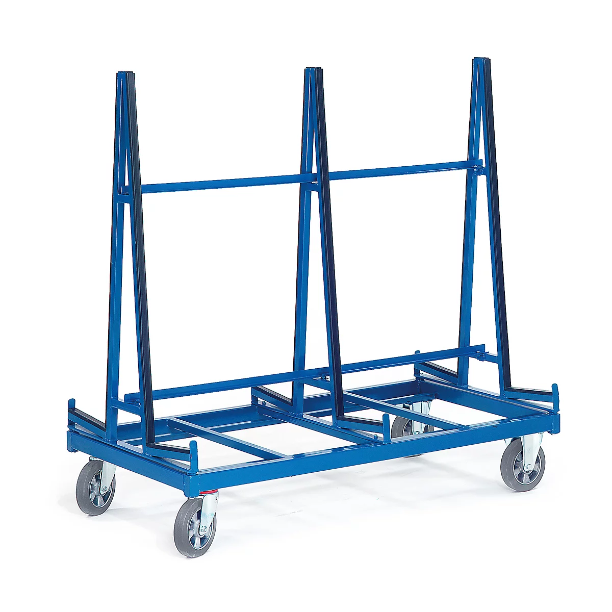 Blue cart with frame, vertical supports, and wheels. Perfect for transporting panel materials.