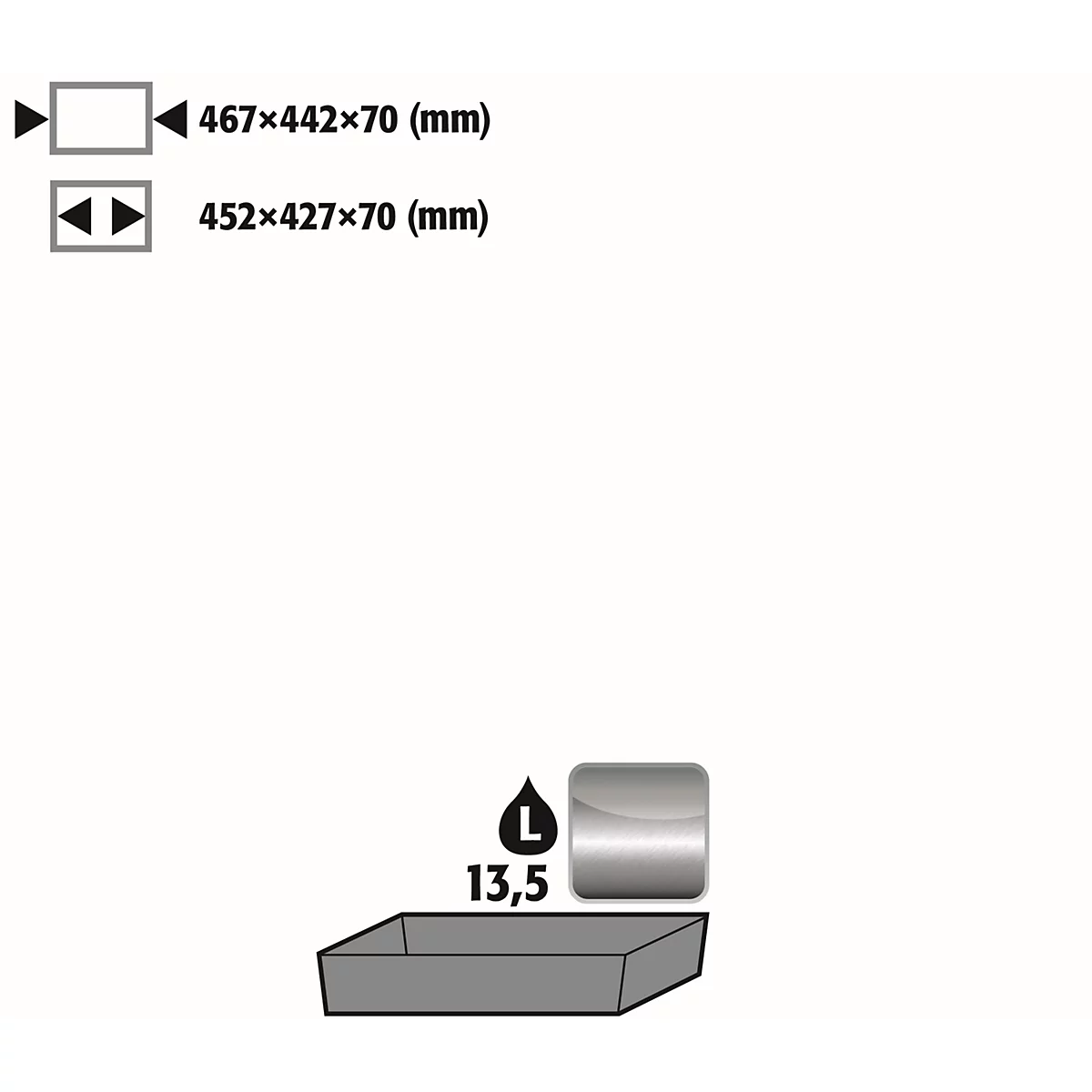 Plateau collecteur de sol Stawa-R pour armoires de sécurité asecos de la série UB90, acier inoxydable 1.4301, L 467 x P 442 x H 78 mm, 11 l