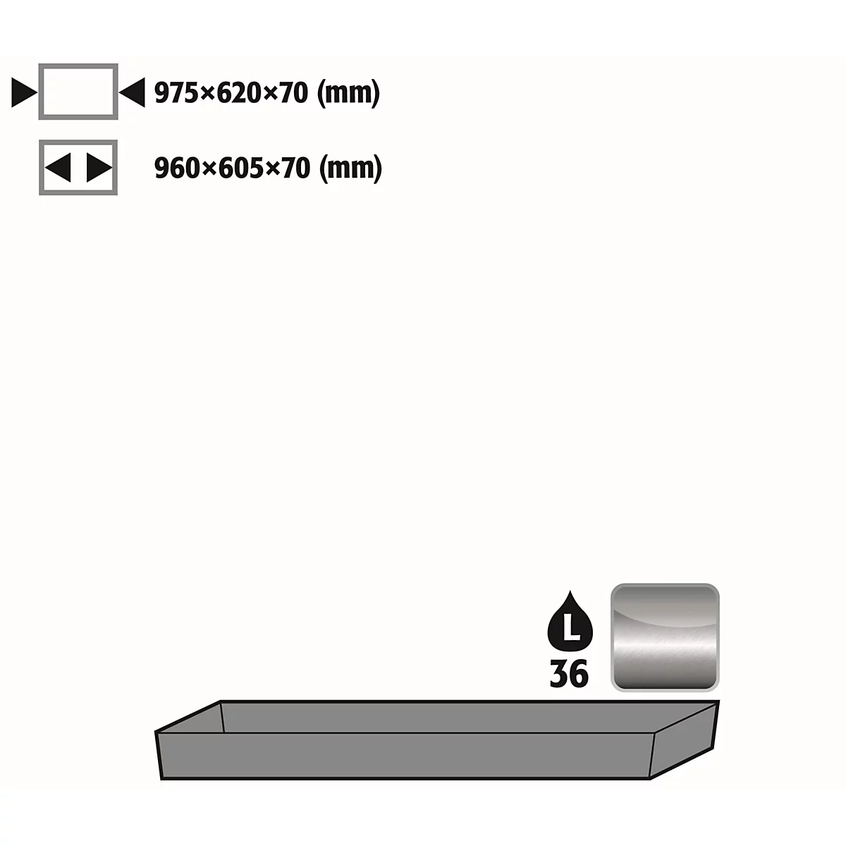 Plateau collecteur de sol Stawa-R pour armoires de sécurité asecos de la série UB90, acier inoxydable 1.4301, L 975 x P 620 x H 78 mm, 33 l