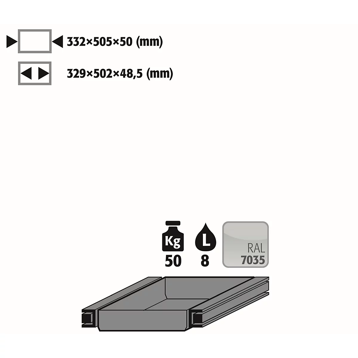 Plateau coulissant d'élimination pour les armoires de sécurité asecos des séries Q30, Q90, S90, K90, en tôle d'acier, gris clair, L 332 x P 505 x H 50 mm, 7,5 l, jusqu'à 50 kg