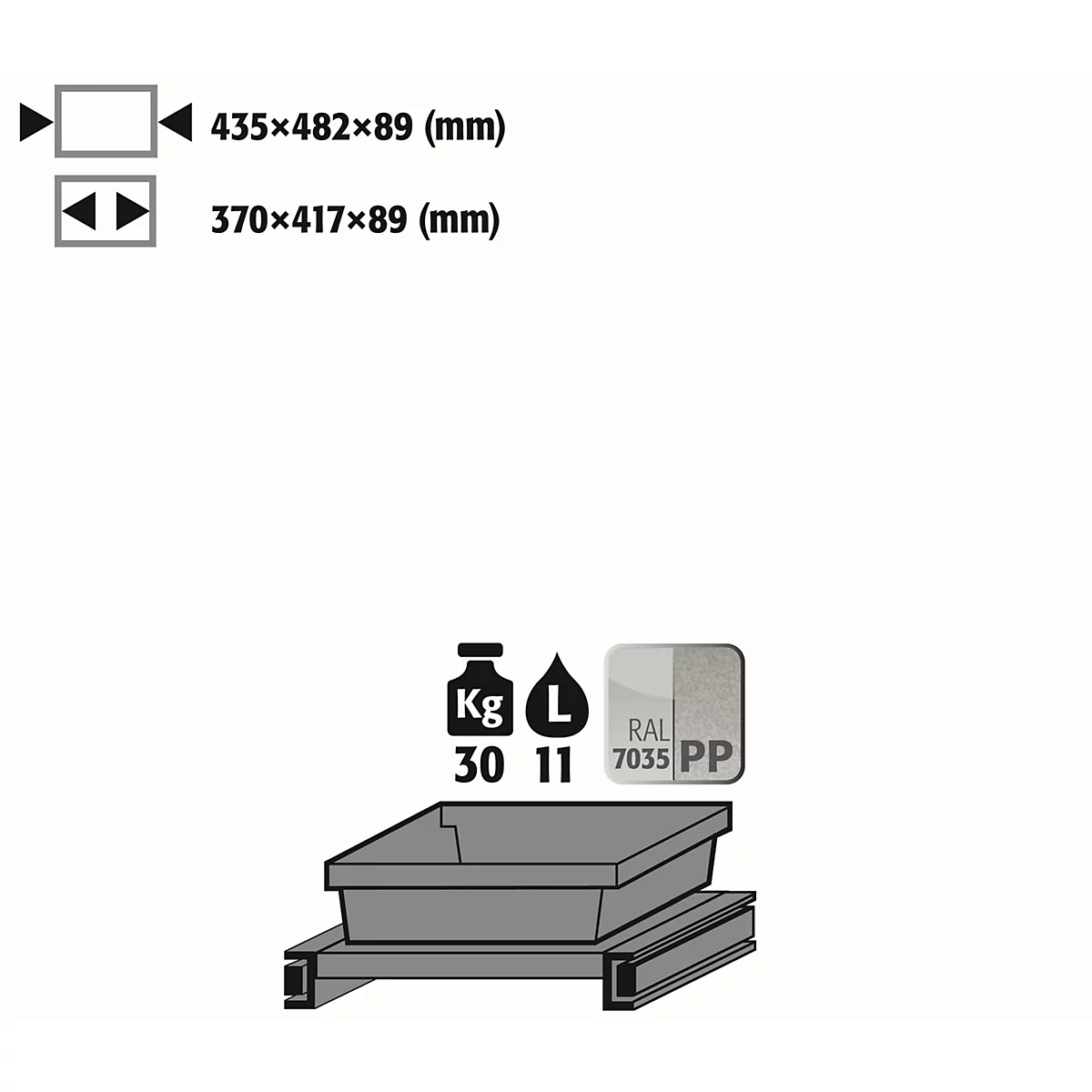 Plateau coulissant pour armoires chimiques asecos séries CS et CX, en tôle d'acier/polypropylène, gris clair, L 435 x P 482 x H 94 mm, 11 l, jusqu'à 30 kg