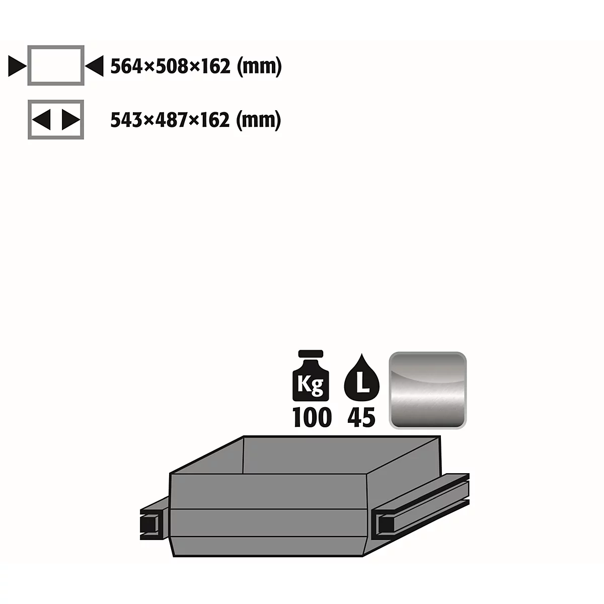 Conteneur rectangulaire gris avec dimensions et spécifications de poids. En haut à gauche : Spécifications des dimensions. En bas : Conteneur avec spécifications de poids et de volume.