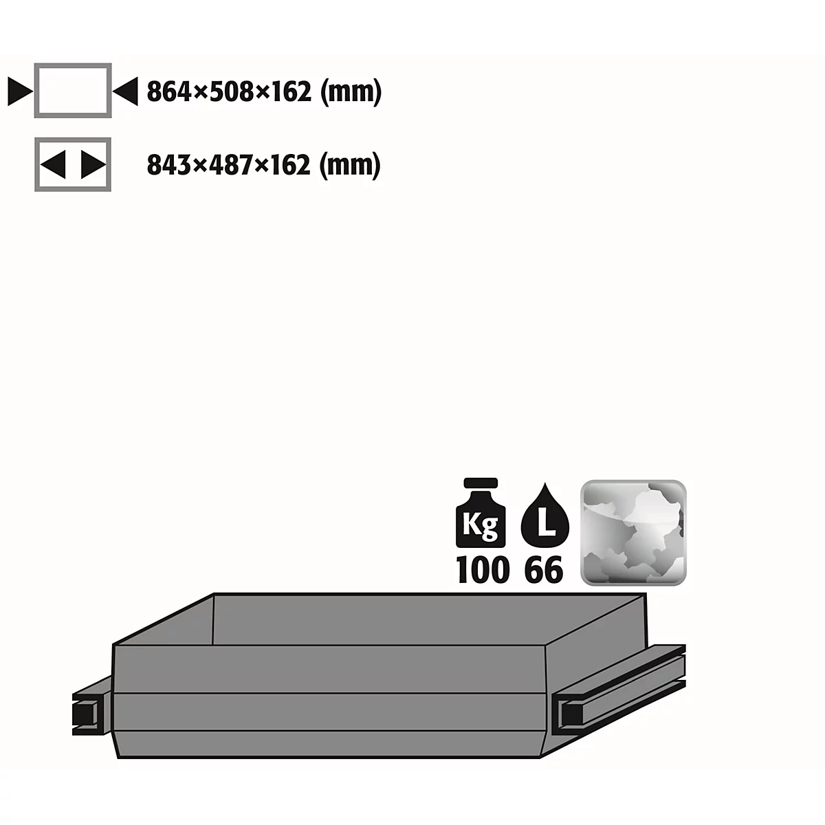 Plateau coulissant robuste pour armoires de sécurité asecos des séries Q30, Q90 et S90, acier inoxydable 1.4301, L 864 x P 508 x H 162 mm, 66 l, jusqu'à 100 kg