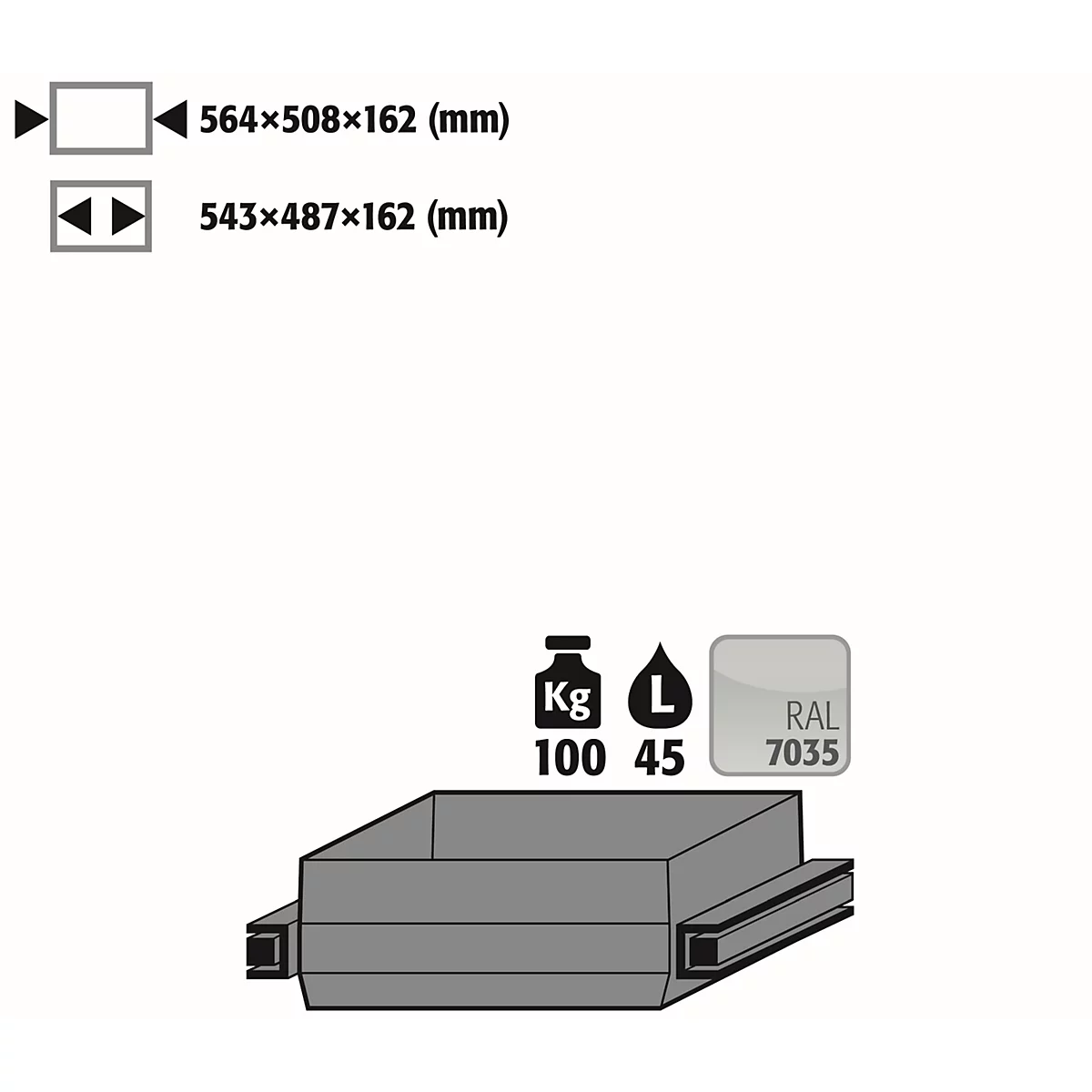 Plateau coulissant robuste pour les armoires de sécurité asecos des séries Q30, Q90 et S90, en tôle d'acier, gris clair, L 564 x P 508 x H 162 mm, 45 l, jusqu'à 100 kg