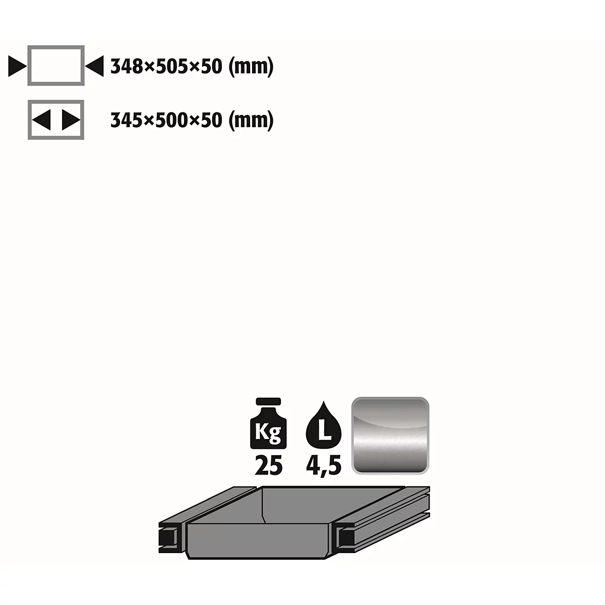 Plateau coulissant standard pour les armoires de sécurité asecos des séries Q30, Q90 et S90, acier inoxydable 1.4301, L 348 x P 505 x H 50 mm, 4,5 l, jusqu'à 25 kg