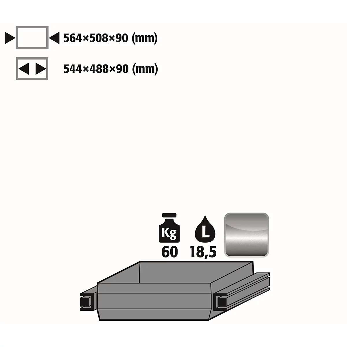 Plateau coulissant standard pour les armoires de sécurité asecos des séries Q30, Q90 et S90, en acier inoxydable 1.4301, L 564 x P 508 x H 90 mm, 19 l, jusqu'à 60 kg