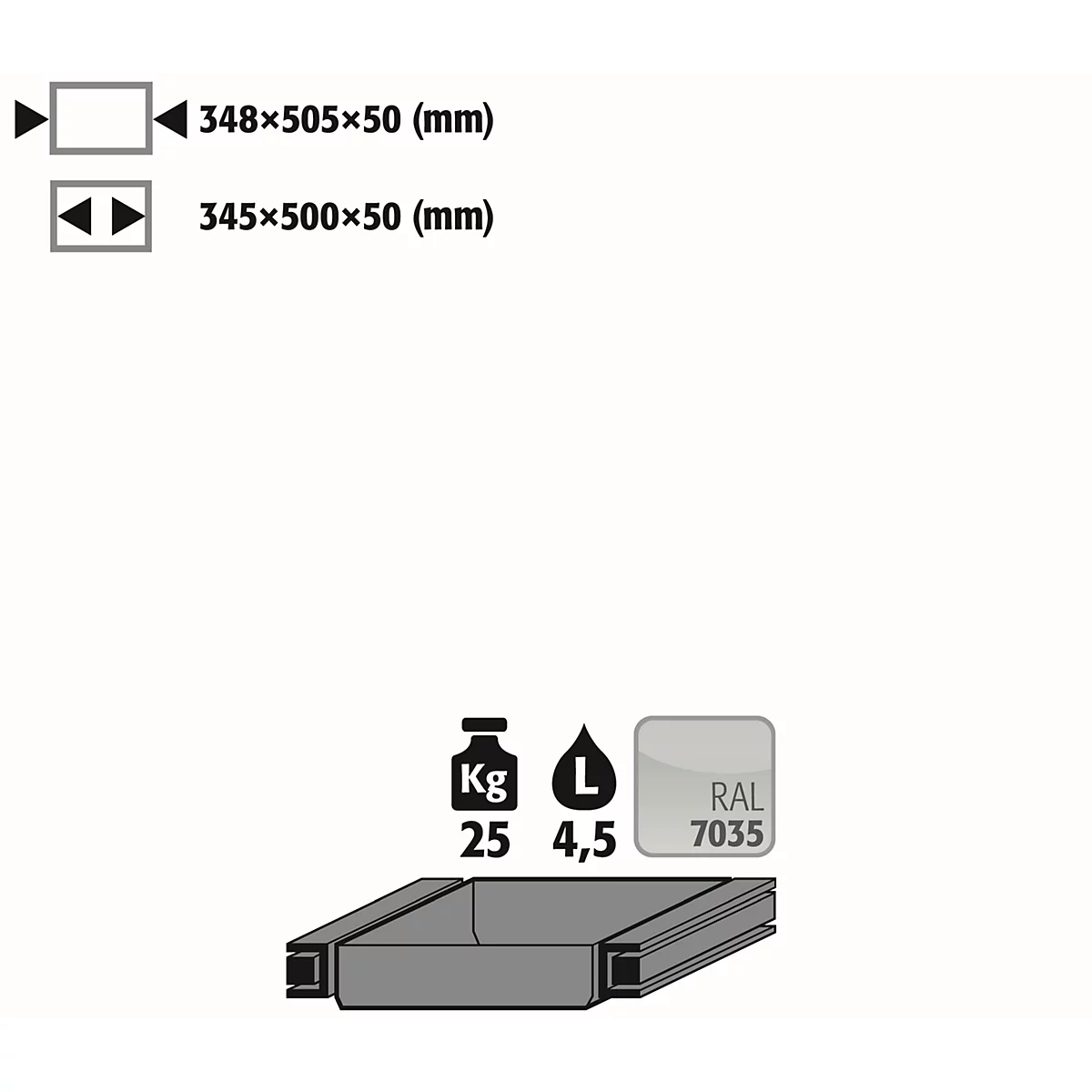 Plateau coulissant standard pour les armoires de sécurité asecos des séries Q30, Q90 et S90, en tôle d'acier, gris clair, L 348 x P 505 x H 50 mm, 4,5 l, jusqu'à 25 kg