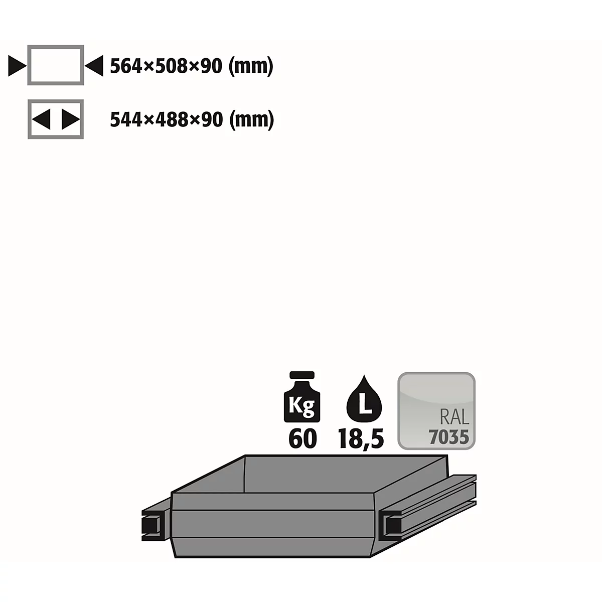 Plateau coulissant standard pour les armoires de sécurité asecos des séries Q30, Q90 et S90, en tôle d'acier, gris clair, L 564 x P 508 x H 90 mm, 19 l, jusqu'à 60 kg