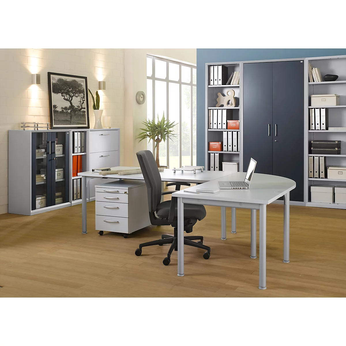 Plateau d'angle modulaire, 90° arrondi, l. 800 x P 800 mm, gris clair