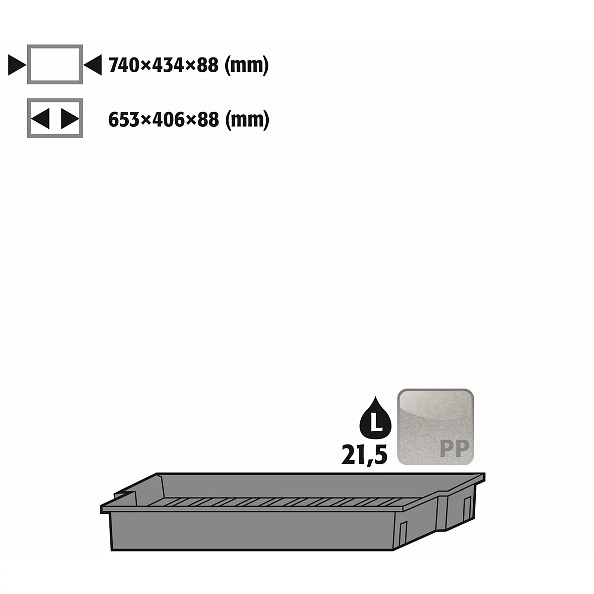 Plateau d'insertion pour les armoires de sécurité asecos des séries Q30, Q90 et S90, polypropylène, gris, L 740 x P 434 x H 88 mm, 21,5 l