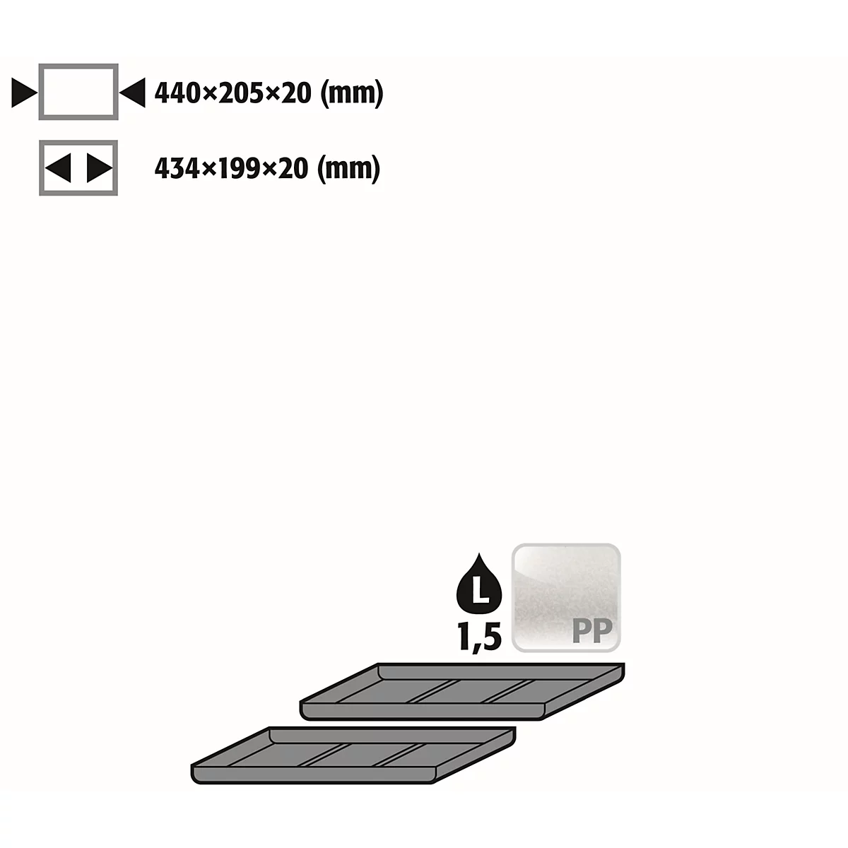 Plateau d'insertion pour les armoires de sécurité asecos des séries UB90 et UB30, en polyéthylène, noir, L 440 x P 205 x H 20 mm, 1,5 l