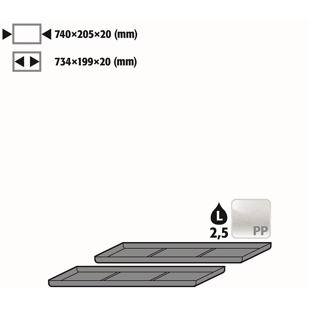 Plateau d'insertion pour les armoires de sécurité asecos des séries UB90 et UB30, en polyéthylène, noir, L 740 x P 205 x H 20 mm, 2,5 l