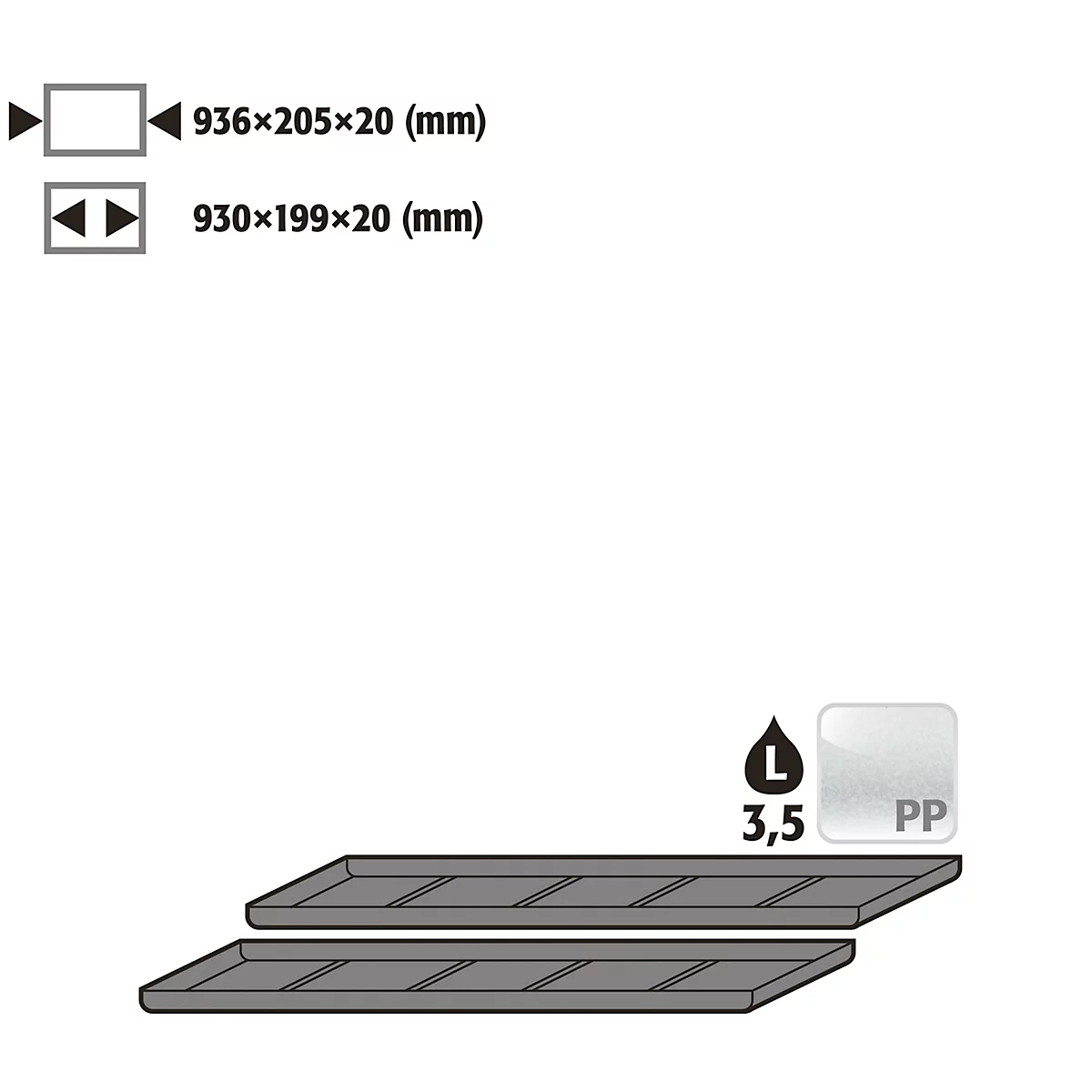 Plateau d'insertion pour les armoires de sécurité asecos des séries UB90 et UB30, en polyéthylène, noir, L 936 x P 205 x H 20 mm, 3,5 l