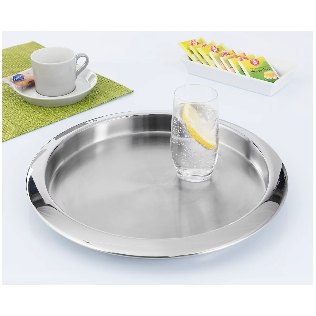 Plateau en acier inoxydable Esmeyer® VENGA, rond, ø extérieur : 350 mm, ø intérieur : 300 mm, lavable au lave-vaisselle, argenté