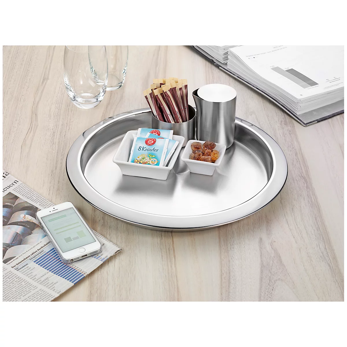Plateau en acier inoxydable Esmeyer® VENGA, rond, ø extérieur : 350 mm, ø intérieur : 300 mm, lavable au lave-vaisselle, argenté