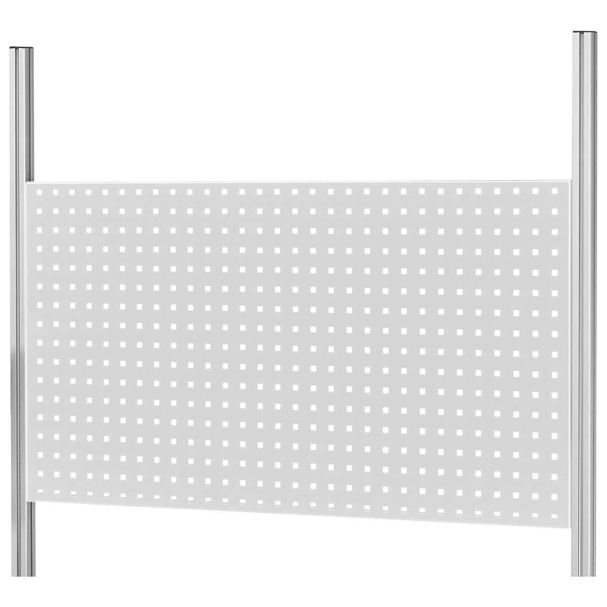 Panneau perforé gris avec deux poteaux métalliques.