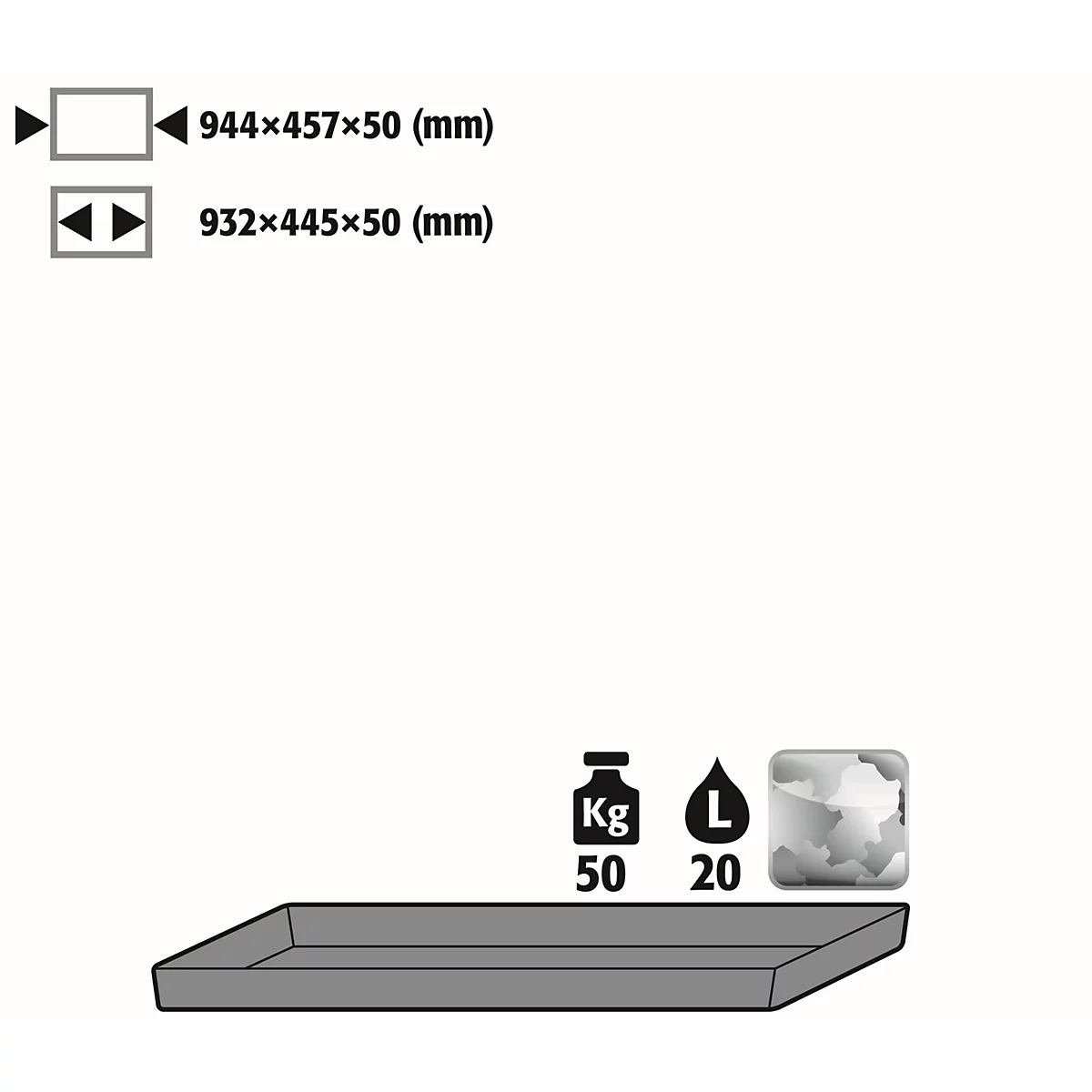 Plateau standard pour armoires chimiques asecos, en tôle d'acier, L 944 x P 457 x H 50 mm, 20 l, jusqu'à 50 kg