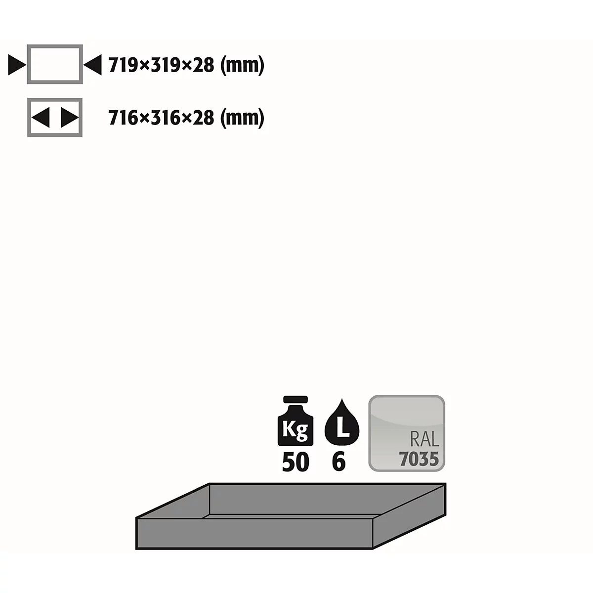 Récipient rectangulaire gris avec textes: dimensions, poids (50 kg), volume (6 l) et code couleur RAL 7035.