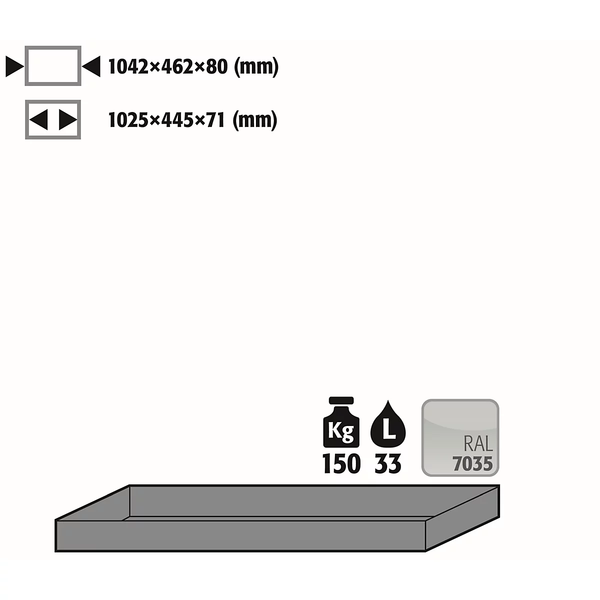 Plateau standard pour les armoires de sécurité asecos des séries Q30, Q90 et S90, en tôle d'acier, gris clair, L 1042 x P 462 x H 80 mm, 33 l, jusqu'à 150 kg