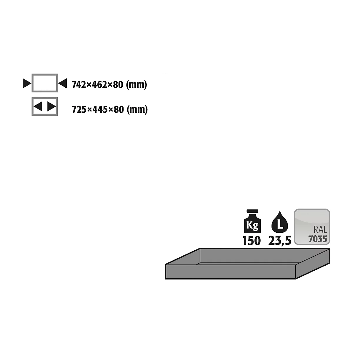 Plateau standard pour les armoires de sécurité asecos des séries Q30, Q90 et S90, en tôle d'acier, gris clair, L 742 x P 462 x H 80 mm, 23,5 l, jusqu'à 150 kg