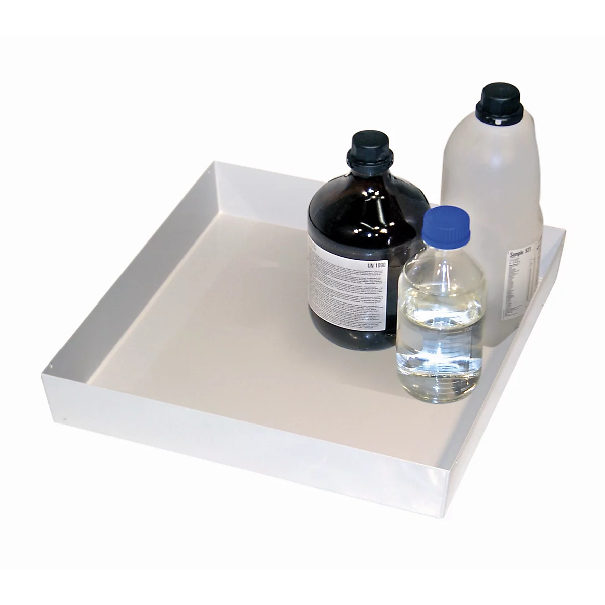 Plateau standard pour les armoires de sécurité asecos des séries Q30, Q90, S90 &amp; K90, en tôle d'acier, gris clair, L 442 x P 457 x H 70 mm, 11,5 l, jusqu'à 150 kg