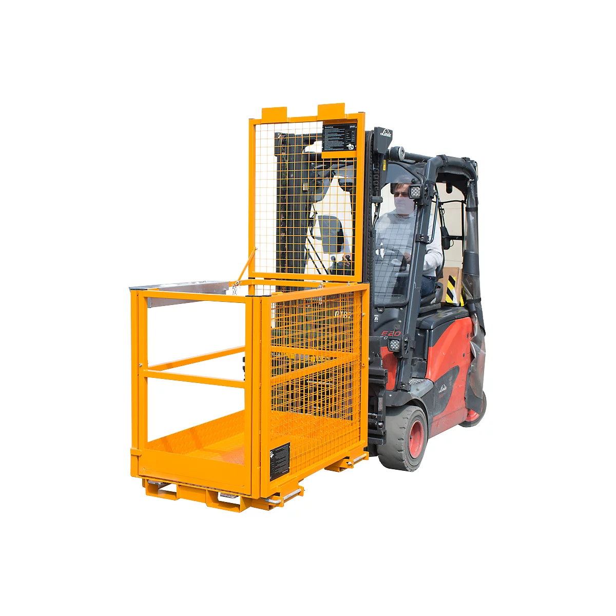 Plateforme élévatrice pour gerbeur type MB-II, pour 2 personnes, jusqu’à 300 kg, L 1040 x l. 1300 x H 2155 mm, jaune-orange RAL 2000