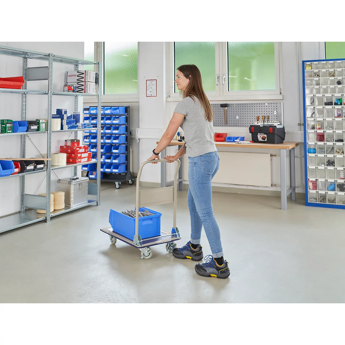 A woman pulls a blue trolley with a tool box in a warehouse. Shelves and tool boards are on the walls.