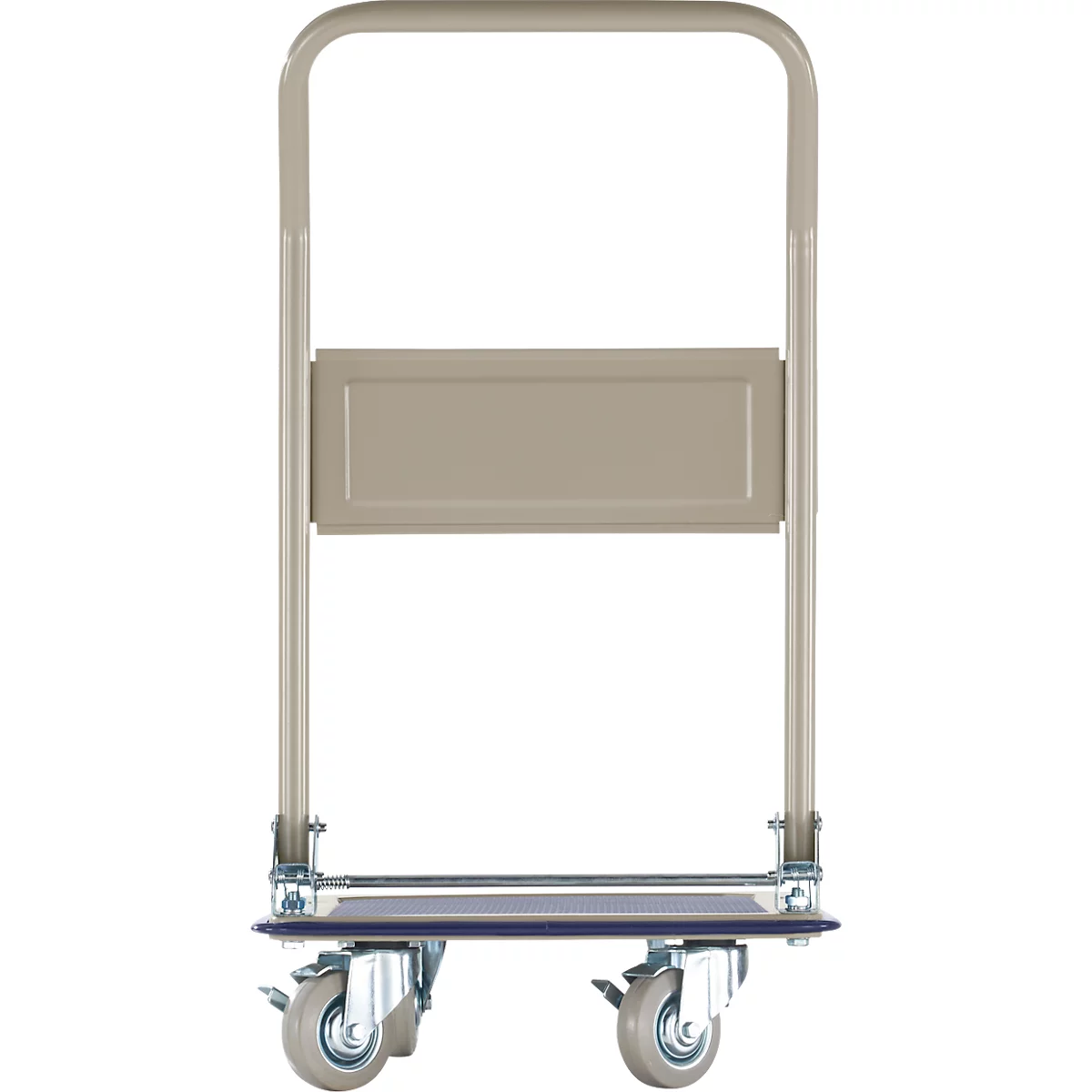 A gray, sturdy hand truck with four wheels and a handle. The loading area is dark gray.