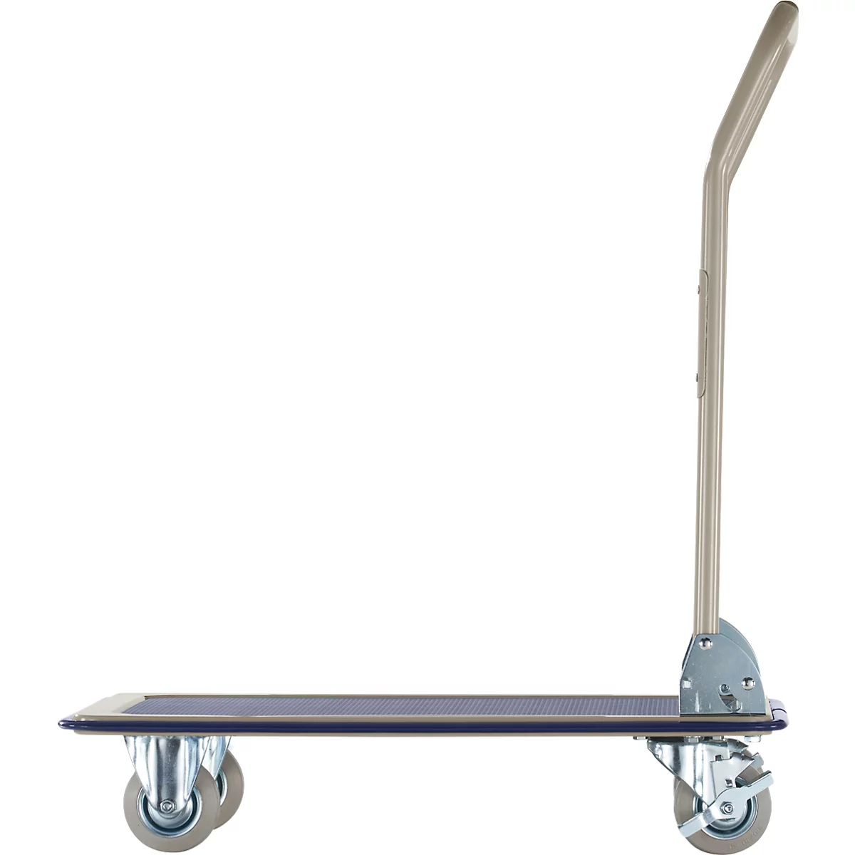 Profile of a grey hand truck. Featuring four wheels, a loading platform and a vertical handle.