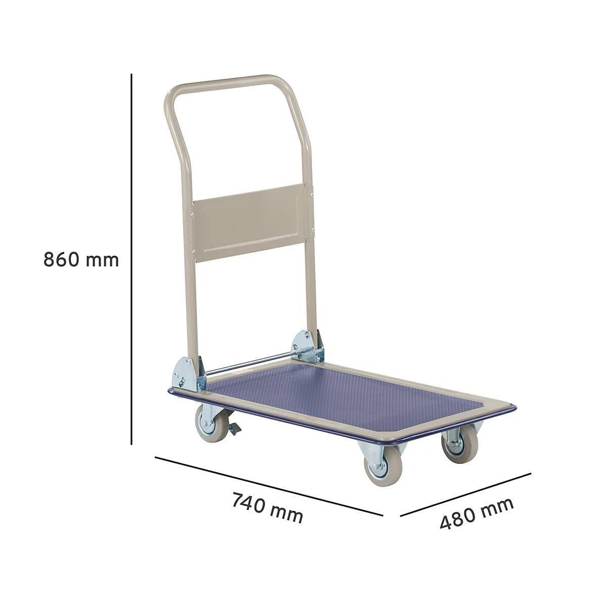A gray hand truck with a blue loading surface, dimensions in mm: 860x740x480.