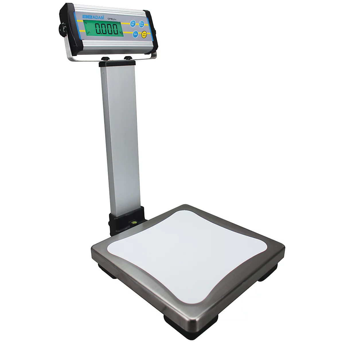 A digital scale with a display. The display shows "0.000". The scale is silver and has a white weighing surface.