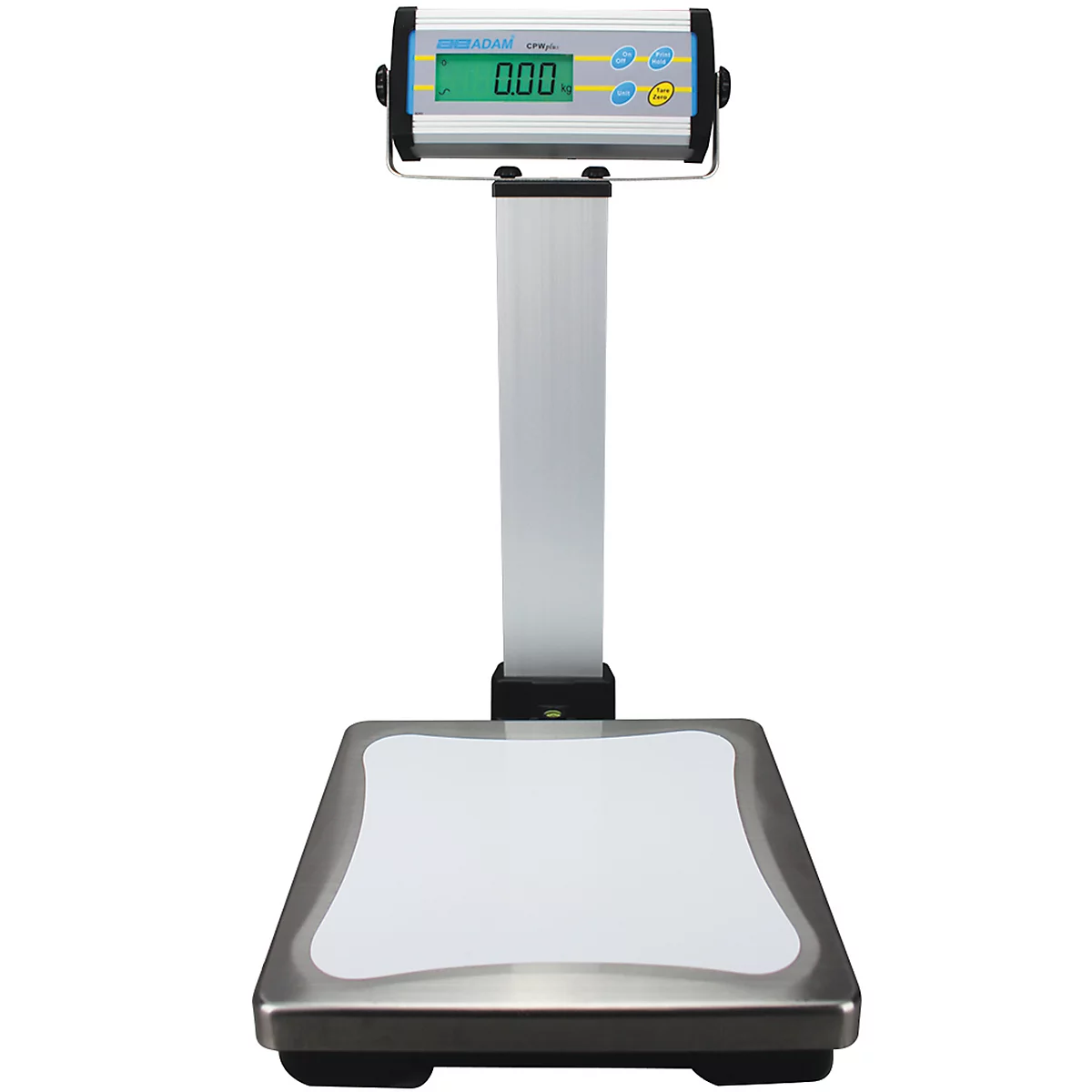Digital scale showing 0.00 kg. Silver base, white surface, silver stand, and a digital display.