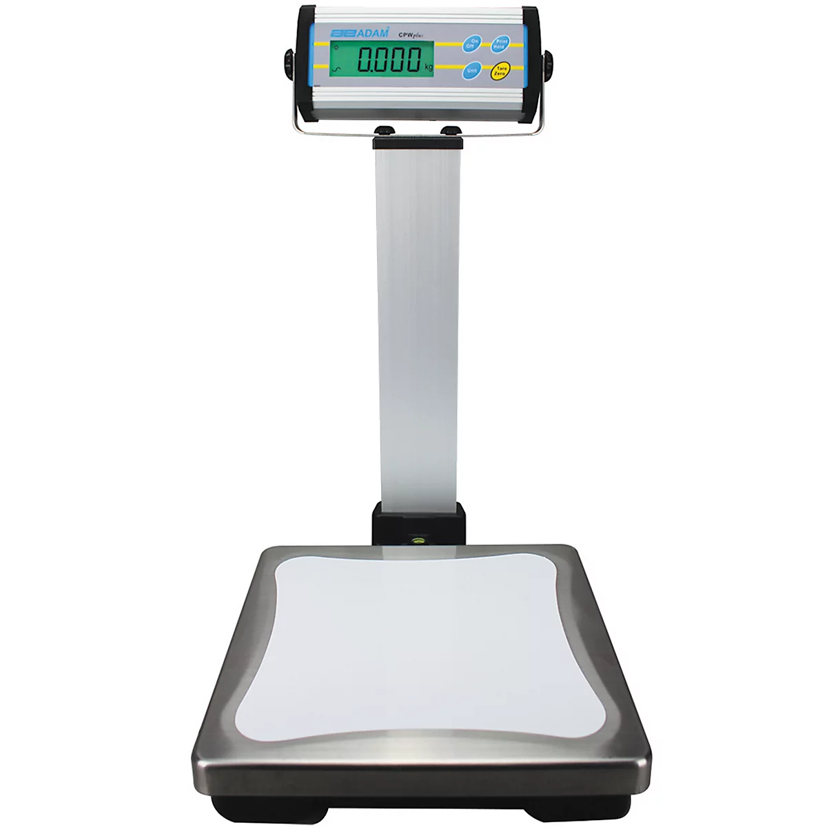 Digital personal scale with display "0.000". Metal platform, white area in the middle, grey column, display field with buttons.