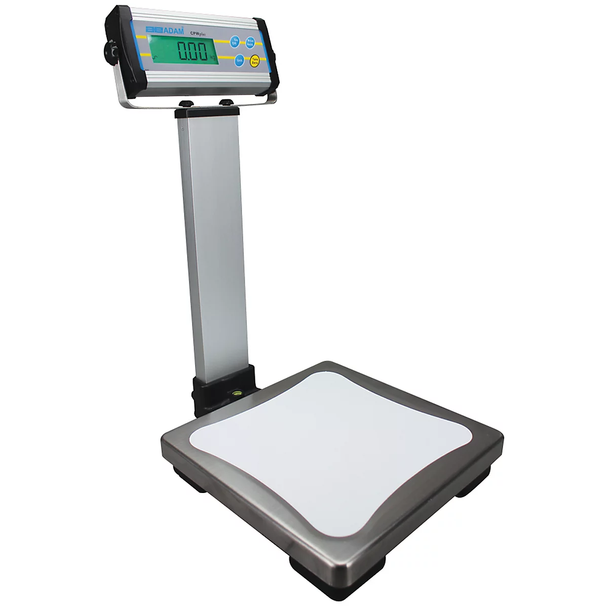 Digital personal scale with display showing 0.00. Gray, silver and blue color combination.