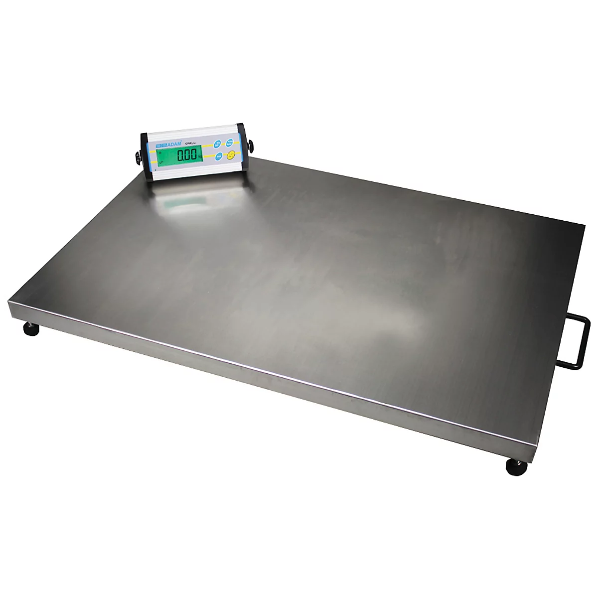 A stainless steel scale with a digital display showing 0.00.