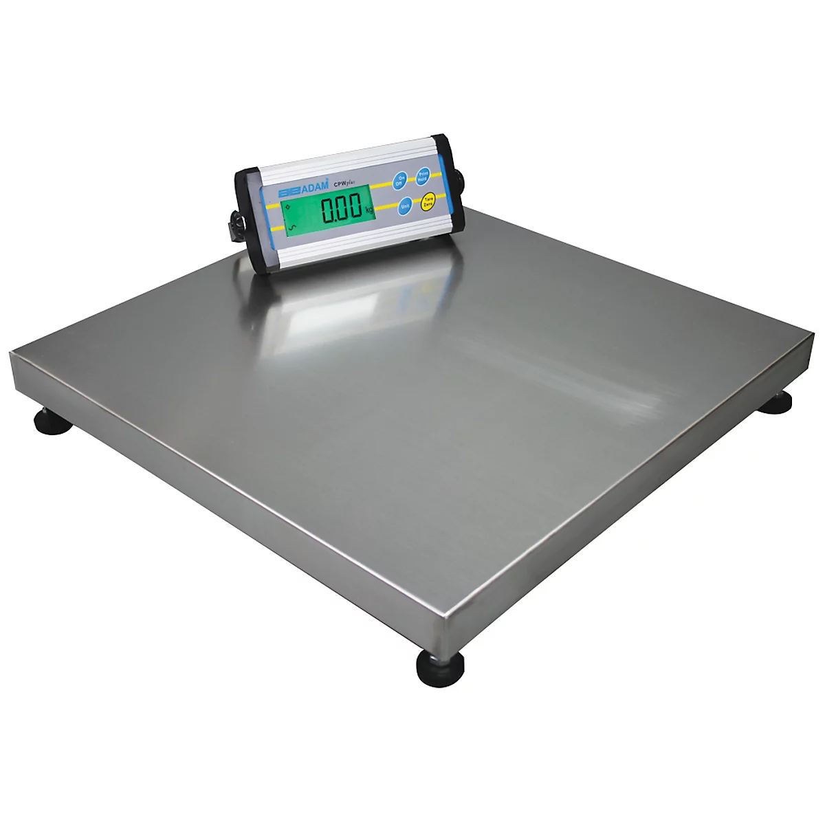 Digital scale with bright display showing 0.00, on a large, rectangular metal platform.
