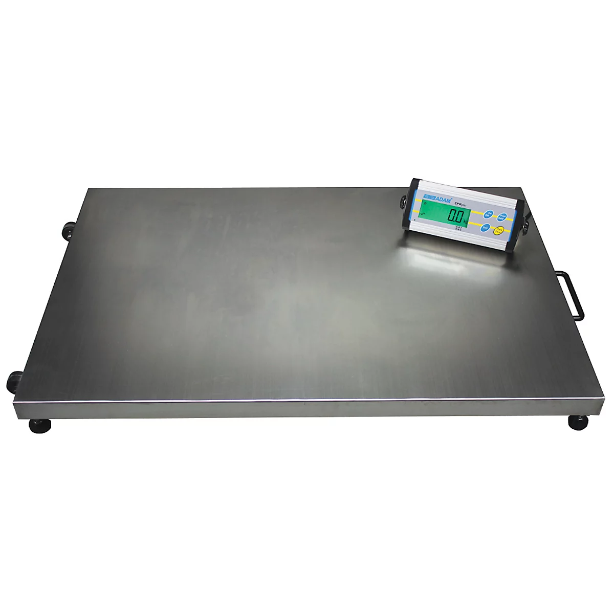 An industrial scale with a digital display. The scale has a large, silver platform and a small screen displaying '0.0'.