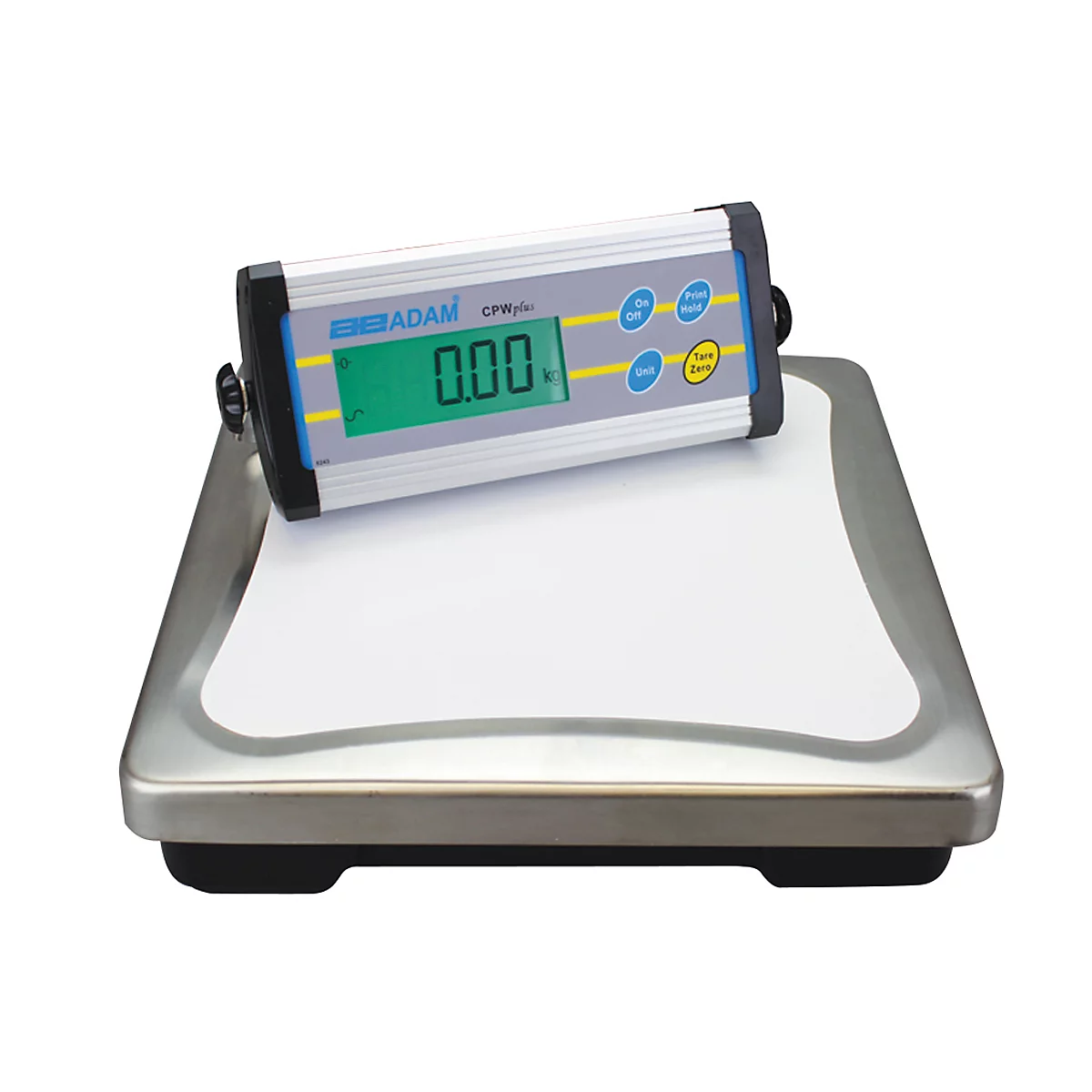 Scale with digital display: 0.00. Silver casing, control panel with blue buttons. Brand name ADAM.
