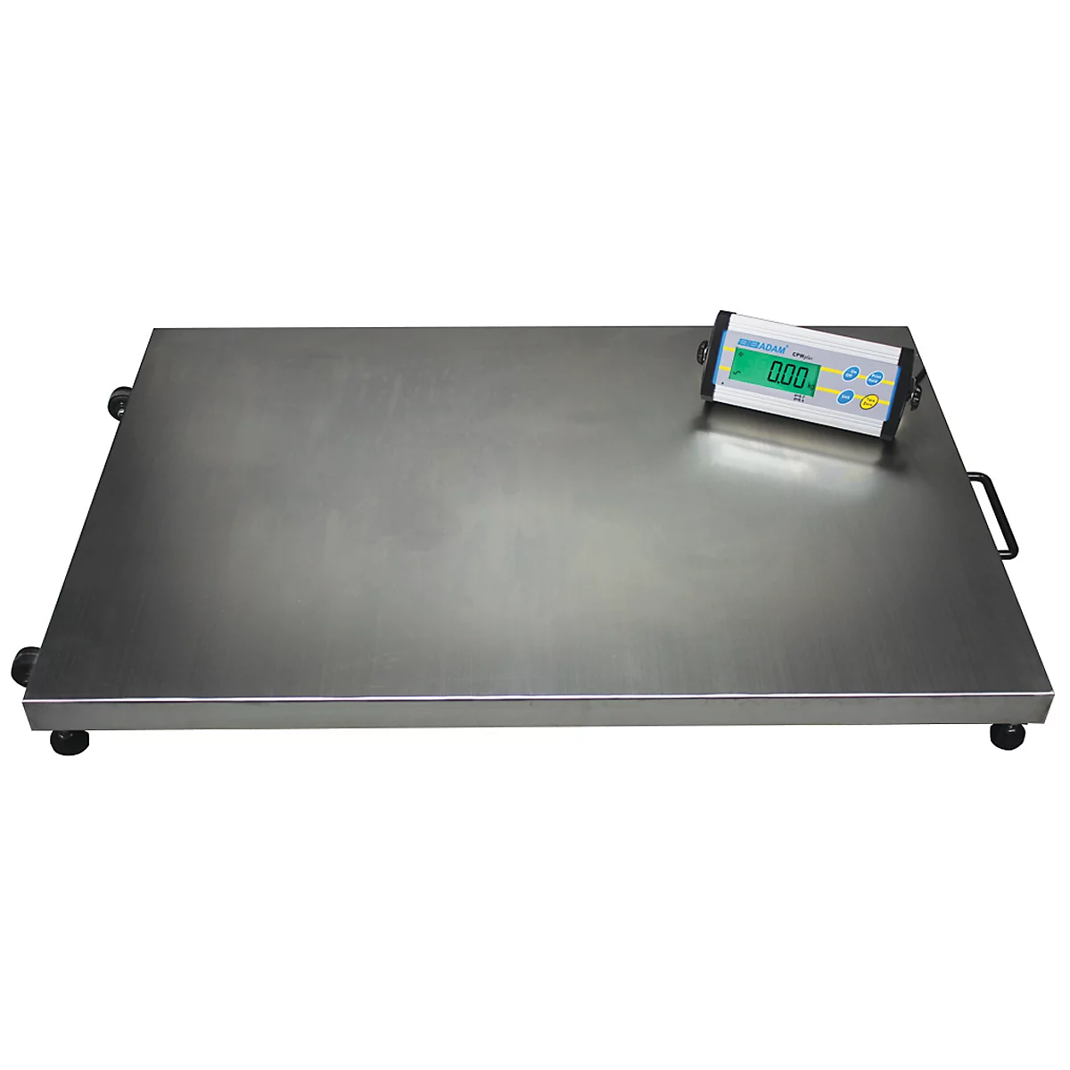 An industrial platform scale with digital display shows 0.00. The scale has a silver metal housing and black feet.