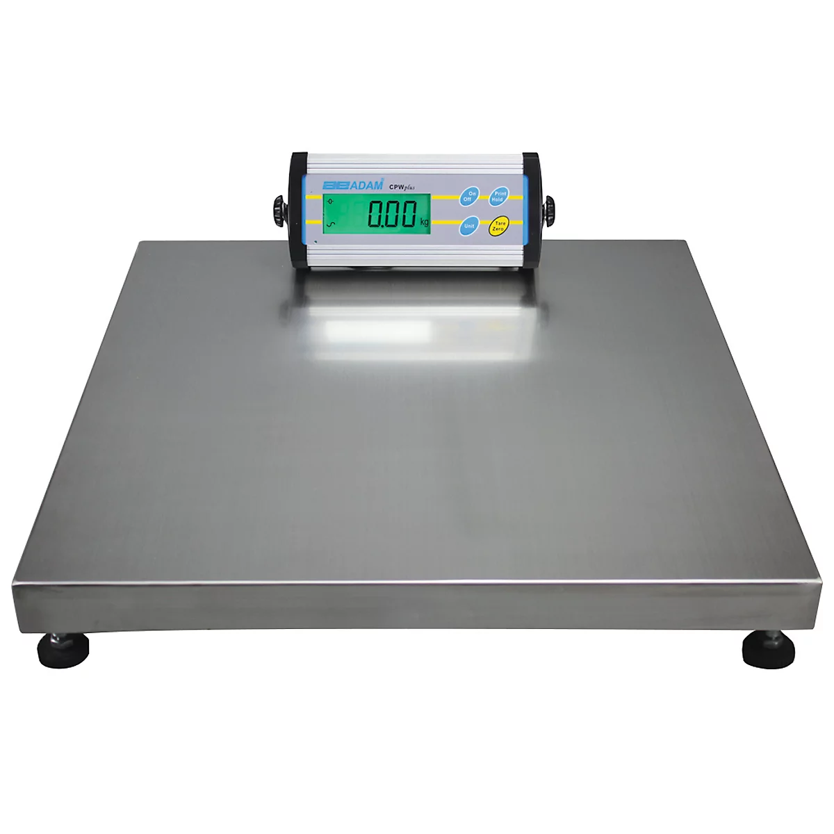 A stainless steel platform scale with digital display showing 0.00.
