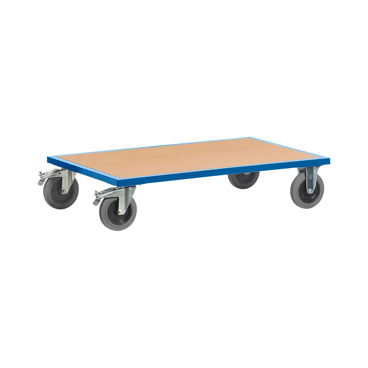 A blue cart with four wheels, rectangular brown loading surface.