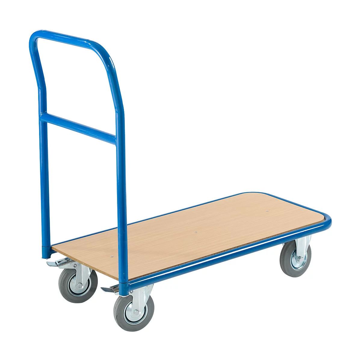 Blue transport cart with wooden plate and four wheels. Handle for pushing.