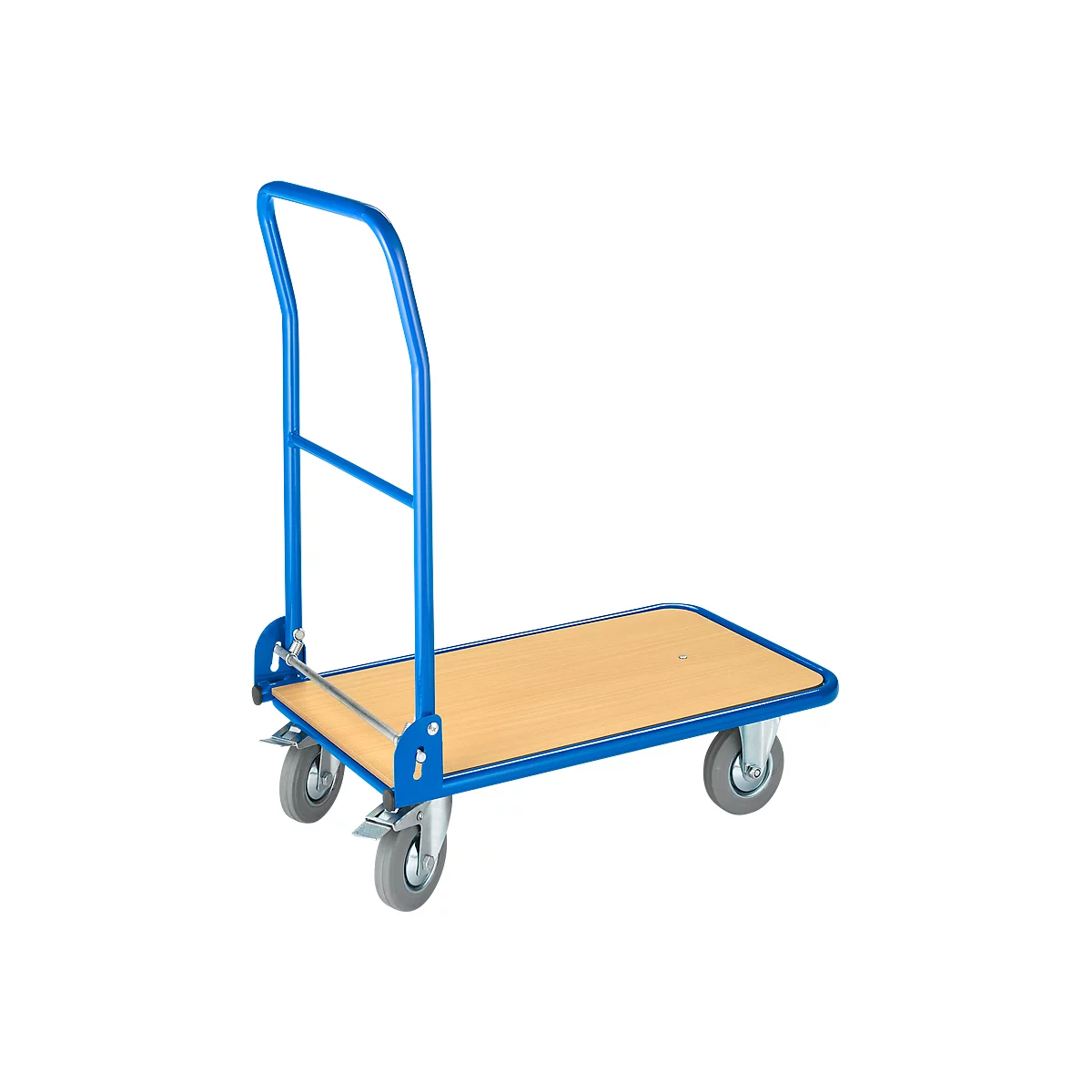 Blue hand truck with light brown loading surface and gray wheels.