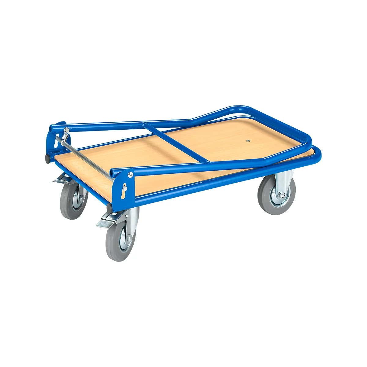 A foldable blue transport cart with a light brown loading surface and gray wheels, photographed diagonally from the front.