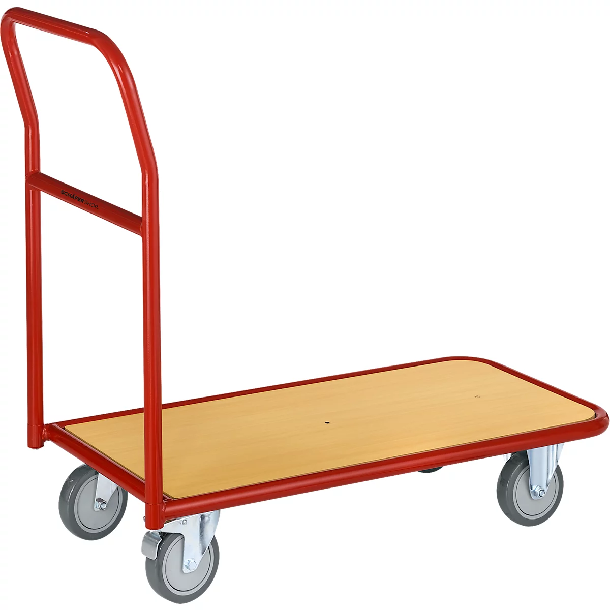 Red transport cart with wooden plate and four wheels.