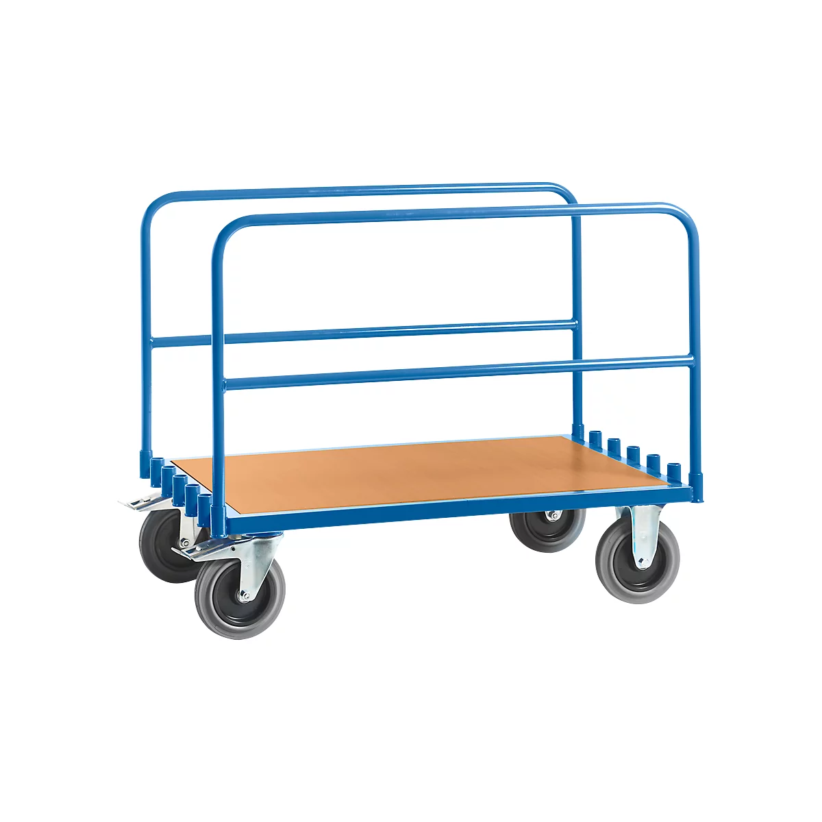Blue transport cart with wooden board and wheels, on white background.