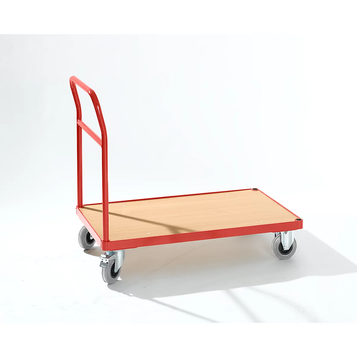 A red transport trolley with a wooden top and four wheels, in front of a white background.
