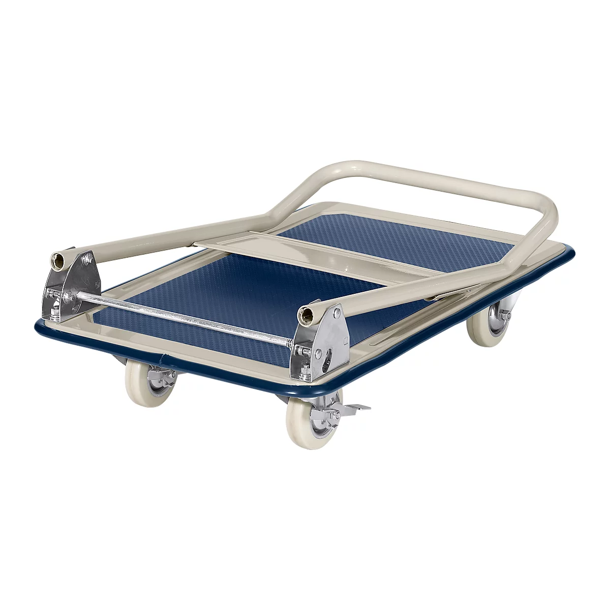 Platformwagen, 90° inklapbare duwbeugel, met rem, tot 150 kg, L 740 x B 480 x H 860 mm, staal, grijs