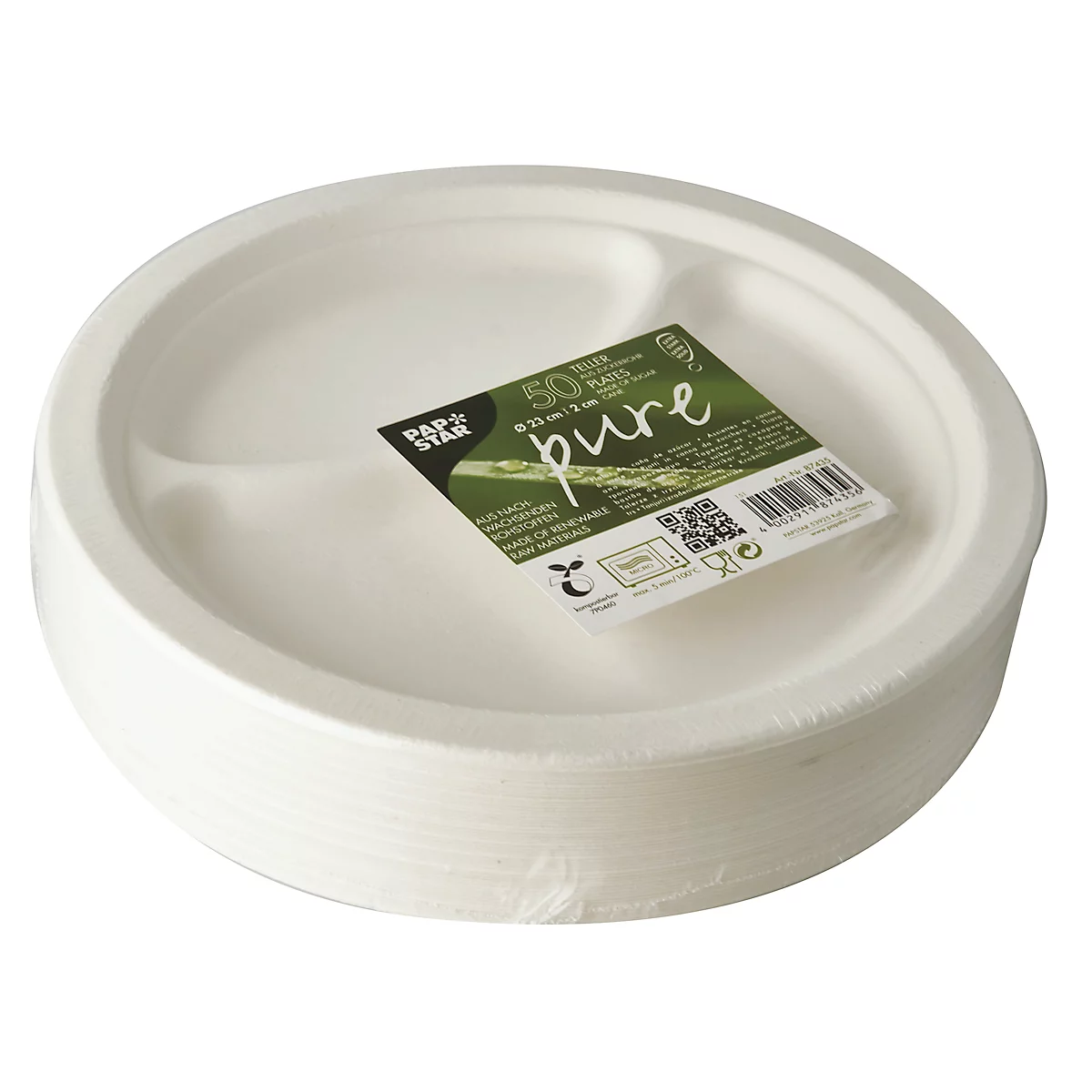 Platos desechables Papstar pure, 2 secciones, ø 230 mm, 50 unidades, compostables, microondas, de caña de azúcar, blanco