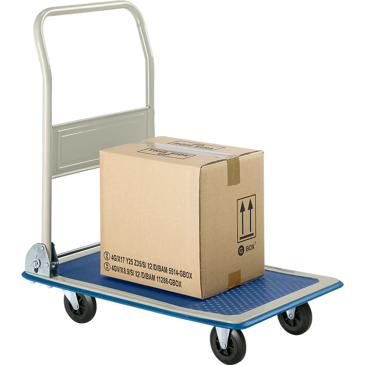 Plattformwagen AM80, klappbarer Schiebebügel, Antirutsch-Belag, Lenk- & Bockrollen, bis 80 kg, L 725 x B 465 x H 810 mm, grau-blau